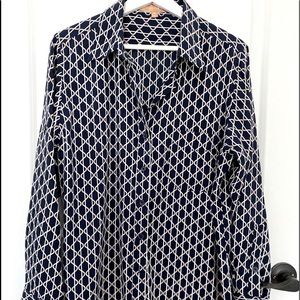 Ellen Tracy Long Sleeve Button Up Patterned Blouse